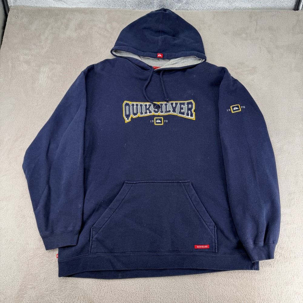 Quiksilver Mens Hoodie XL Blue Pullover Logo Preowned Hooded Sweatshirt